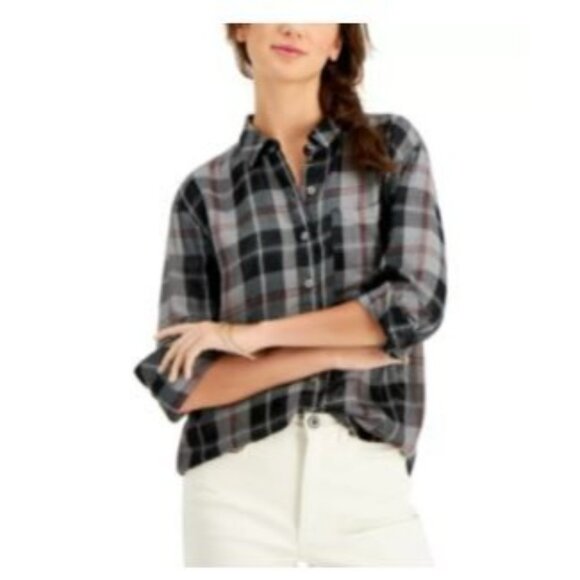 Style & Co Shirt Petite XL Womens Plaid Boyfriend Button Down Viscose Blend Tren - Picture 2 of 10